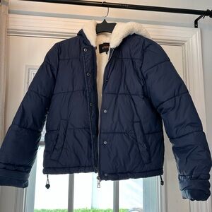 Ambiance Navy Puffer Jacket with Cream Fleece lining Size S